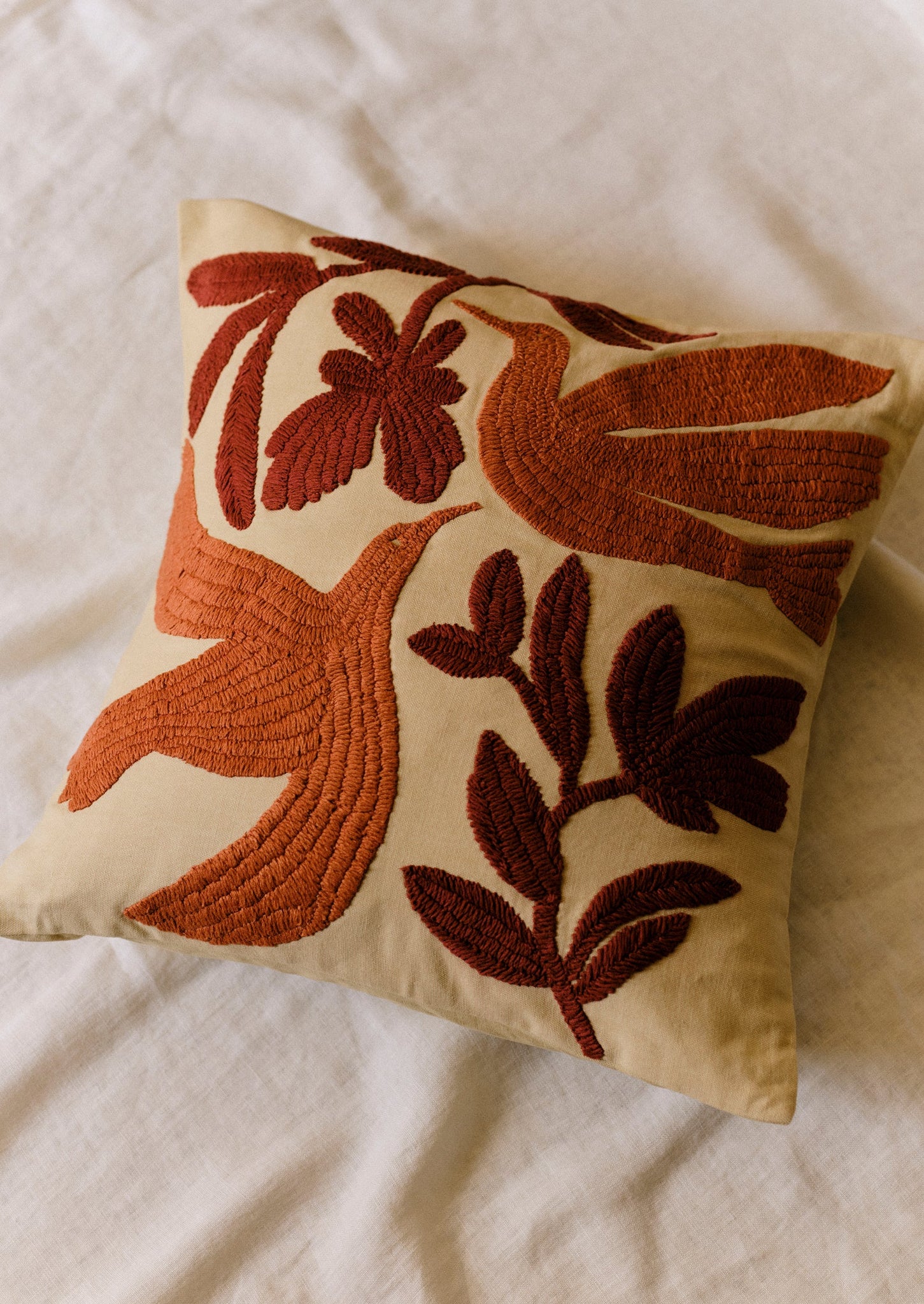 Embroidered Lark Cushion Cover | Sandstone/Burnt Sienna