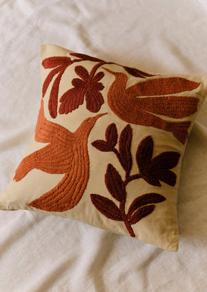 Embroidered Lark Cushion Cover | Sandstone/Burnt Sienna