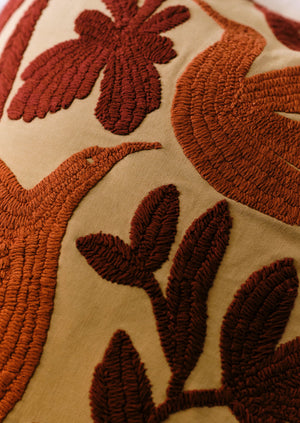 Embroidered Lark Cushion Cover | Sandstone/Burnt Sienna