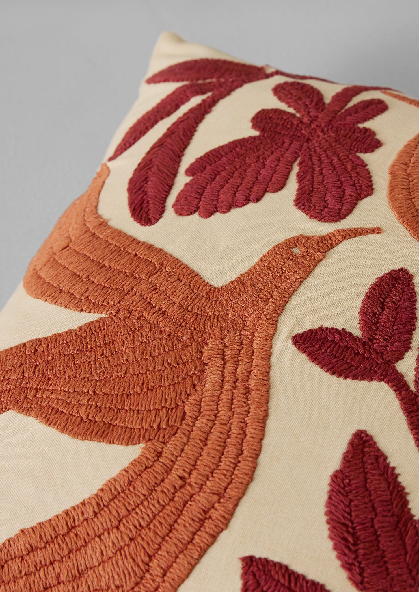 Embroidered Lark Cushion Cover | Sandstone/Burnt Sienna