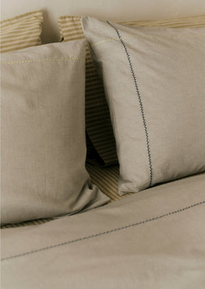 Fine Stripe Organic Cotton Embroidered Pillowcase | Ecru/Smoke Blue