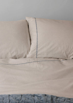 Fine Stripe Organic Cotton Embroidered Pillowcase | Ecru/Smoke Blue