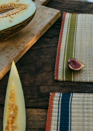 Border Stripe Madur Grass Placemat | Natural/Indigo