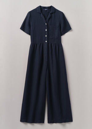 Gathered Waist Linen Jumpsuit | Midnight