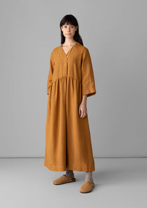 V-Neck Garment Dyed Linen Dress | Caramel