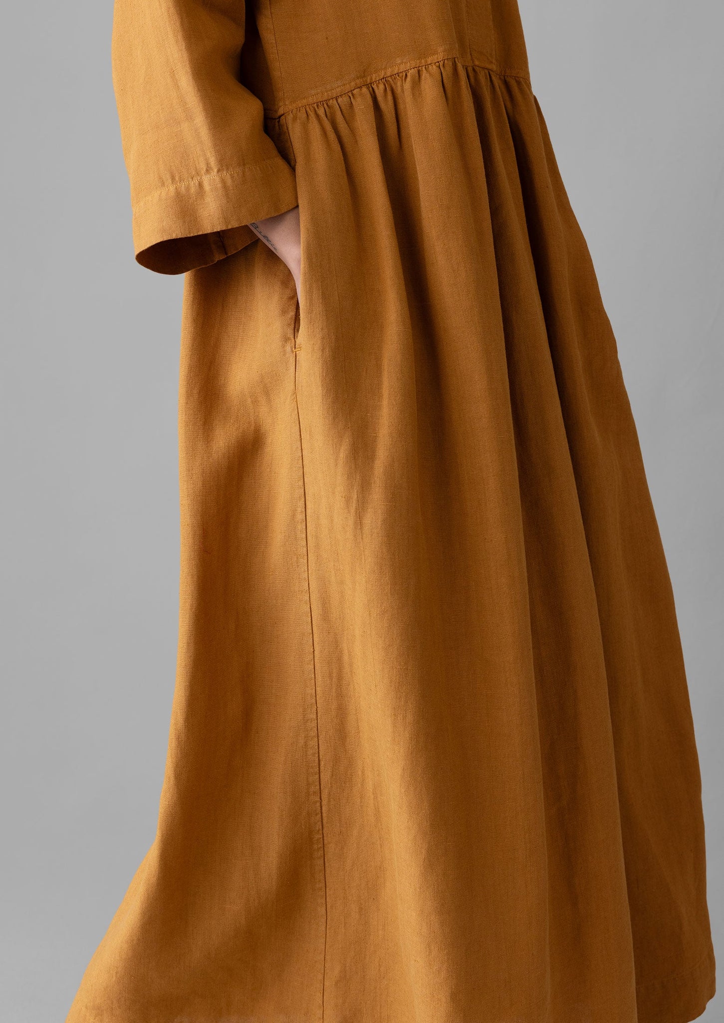 V-Neck Garment Dyed Linen Dress | Caramel