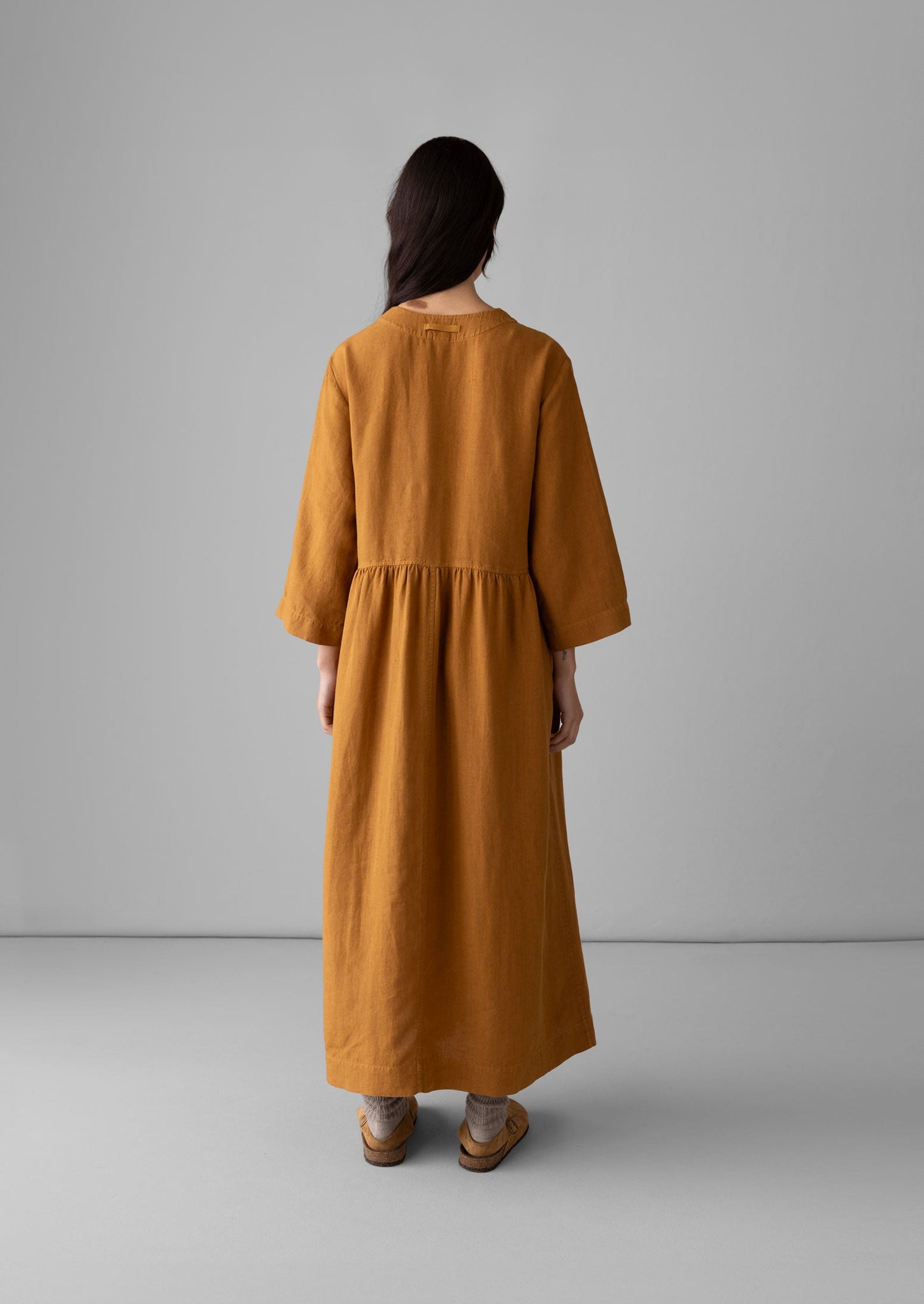 V-Neck Garment Dyed Linen Dress | Caramel