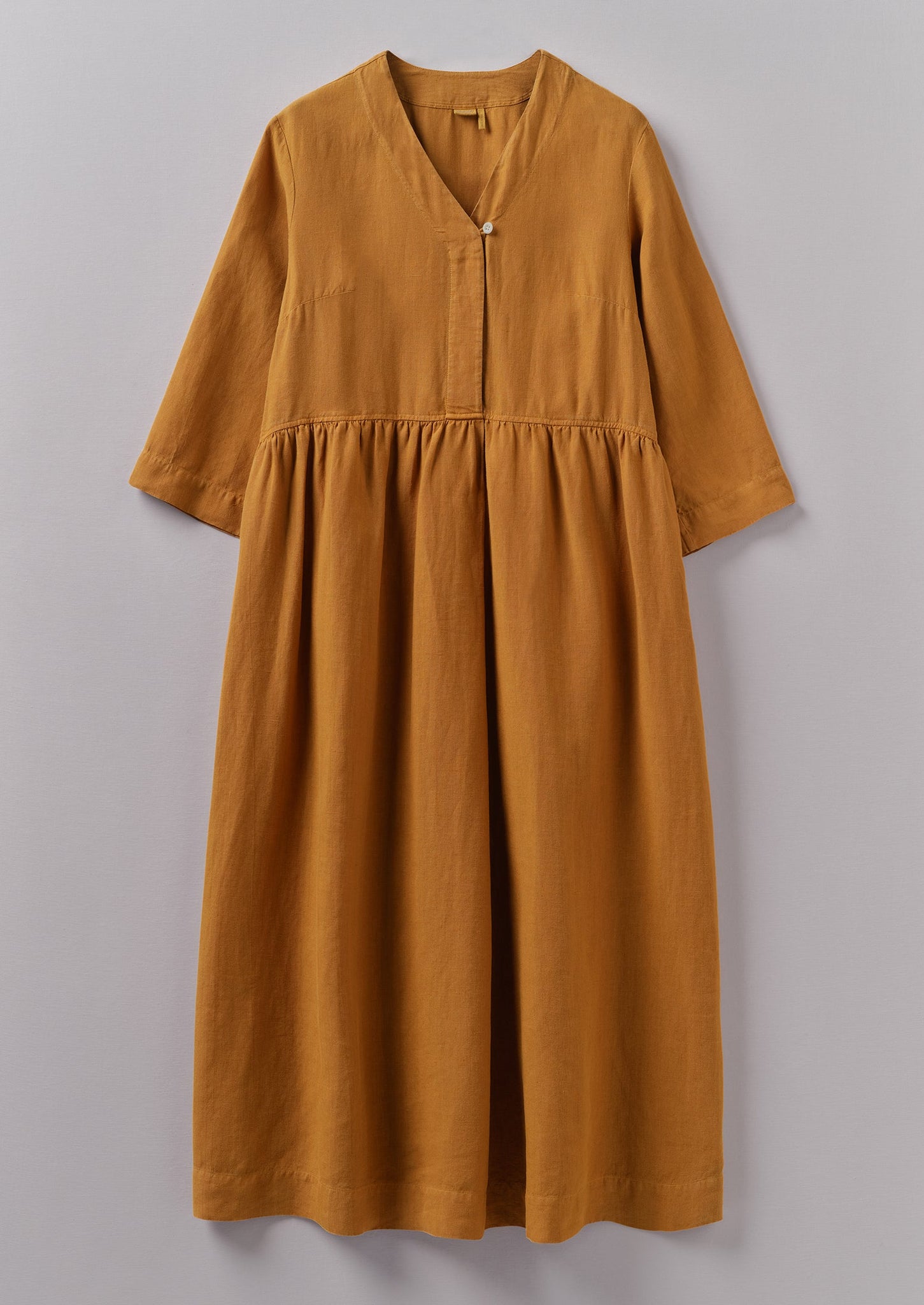 V-Neck Garment Dyed Linen Dress | Caramel