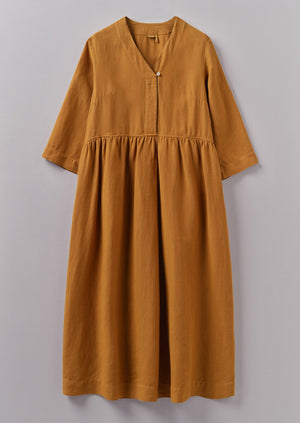 V-Neck Garment Dyed Linen Dress | Caramel