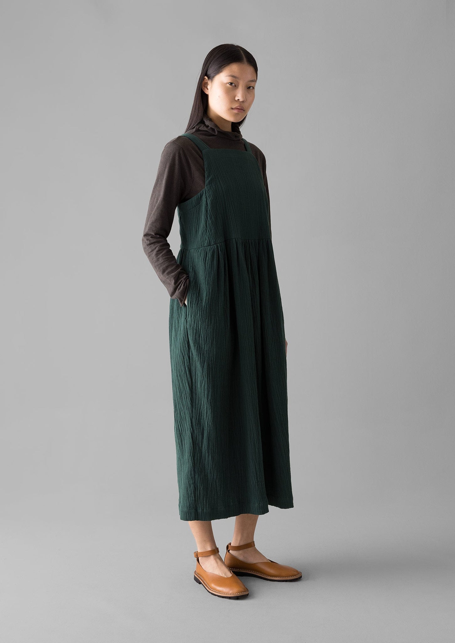 Gathered Waist Crinkled Cotton Dress | Oil Green