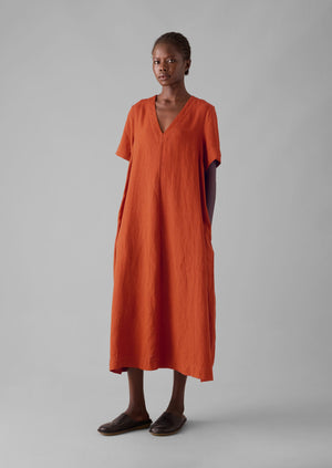 Garment Dyed Linen V-Neck Dress | Rooibos Red