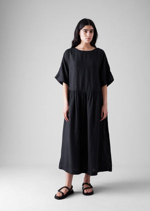 Lightweight Linen Gathered Waist Dress | Black Pepper