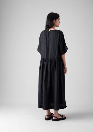 Lightweight Linen Gathered Waist Dress | Black Pepper