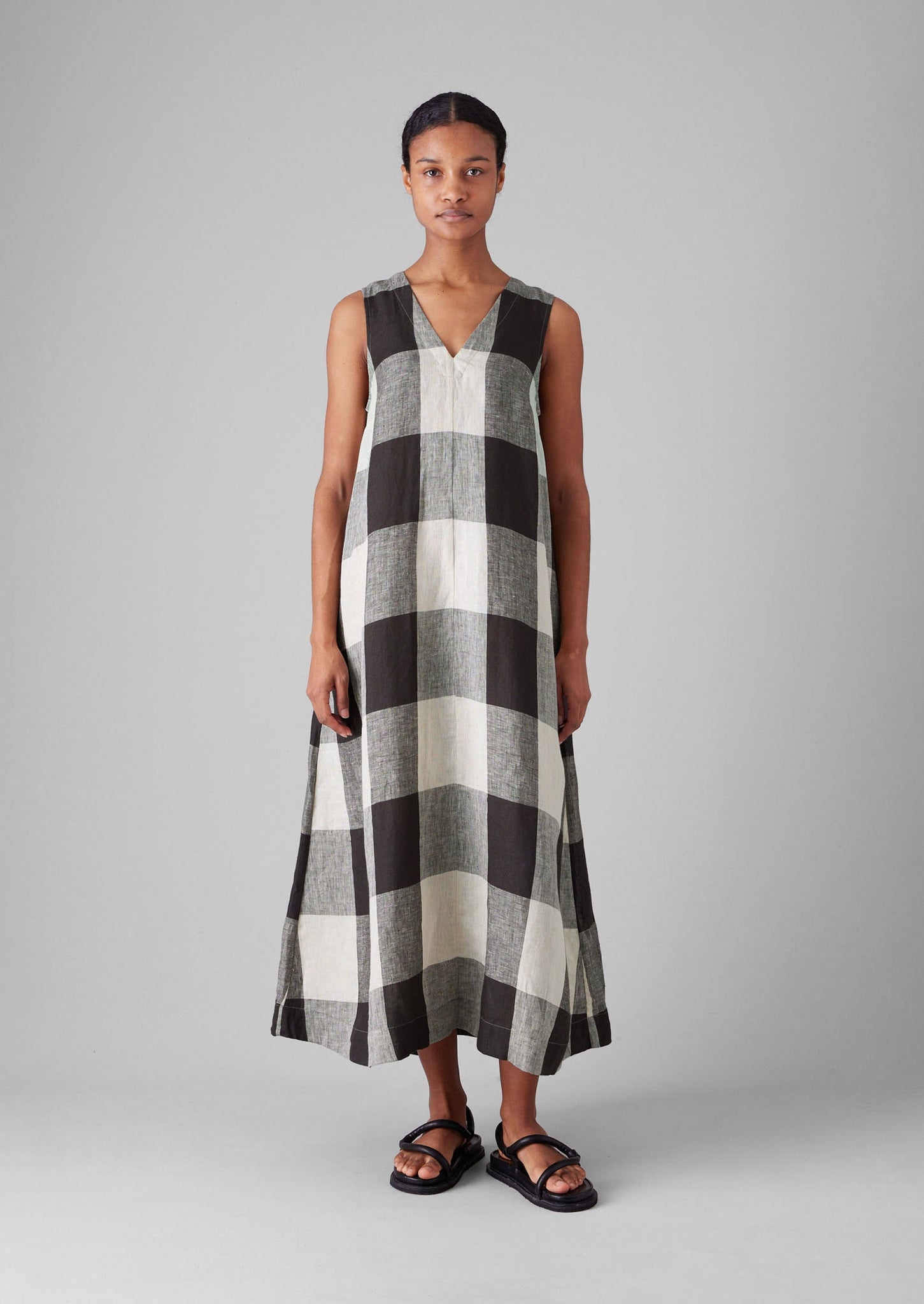 Macro Gingham Lightweight Linen Dress | Ecru/Charcoal