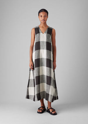 Macro Gingham Lightweight Linen Dress | Ecru/Charcoal