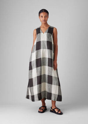 Macro Gingham Lightweight Linen Dress | Ecru/Charcoal