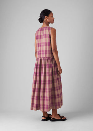 Check Cotton Gathered Waist Dress | Raspberry