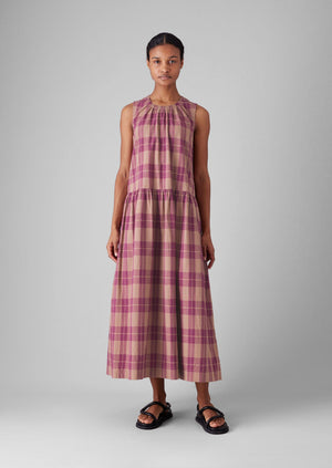 Check Cotton Gathered Waist Dress | Raspberry