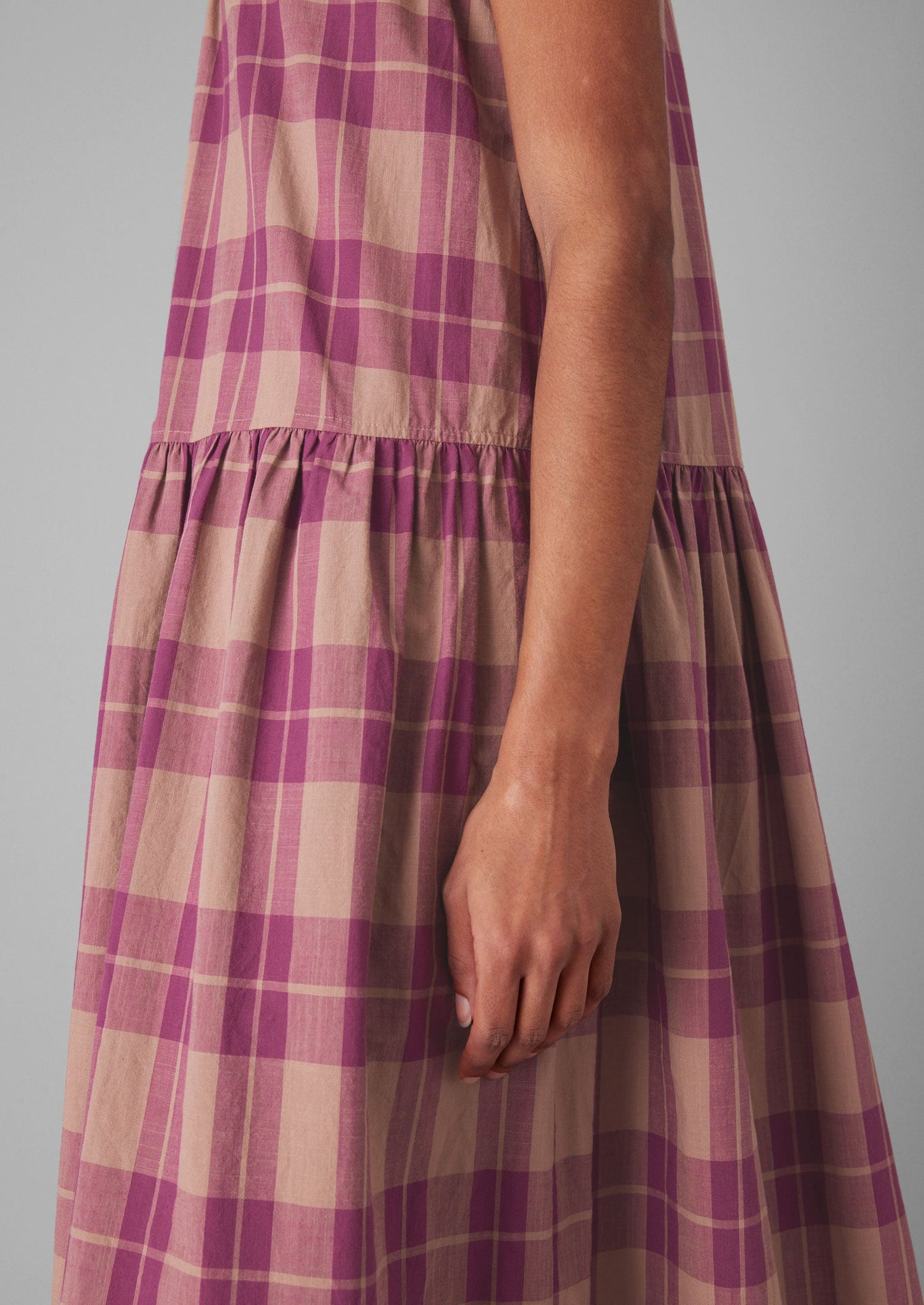 Check Cotton Gathered Waist Dress | Raspberry