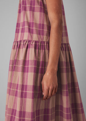 Check Cotton Gathered Waist Dress | Raspberry