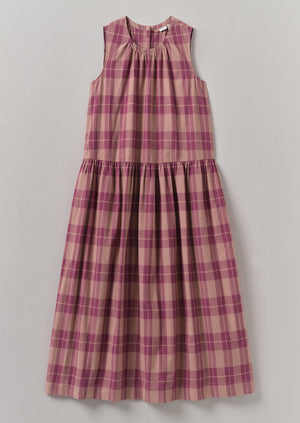 Check Cotton Gathered Waist Dress | Raspberry
