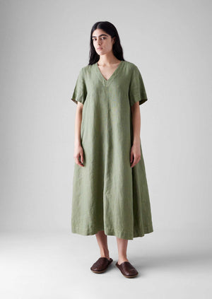 Garment Dyed Linen V Neck Dress | Light Sage