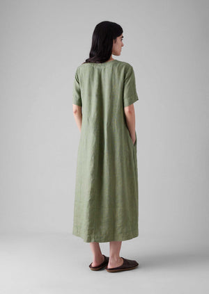 Garment Dyed Linen V Neck Dress | Light Sage