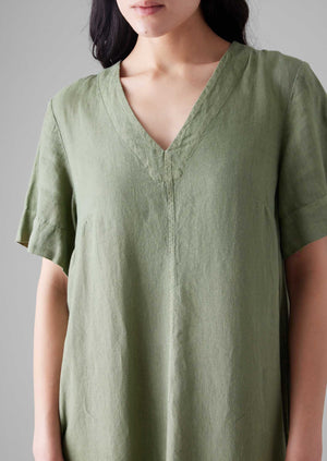 Garment Dyed Linen V Neck Dress | Light Sage