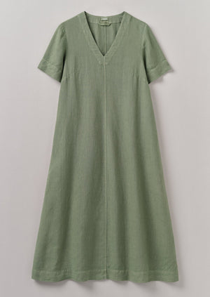 Garment Dyed Linen V Neck Dress | Light Sage