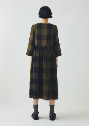 Freya Crinkle Cotton Macro Gingham Dress | Olive/Black