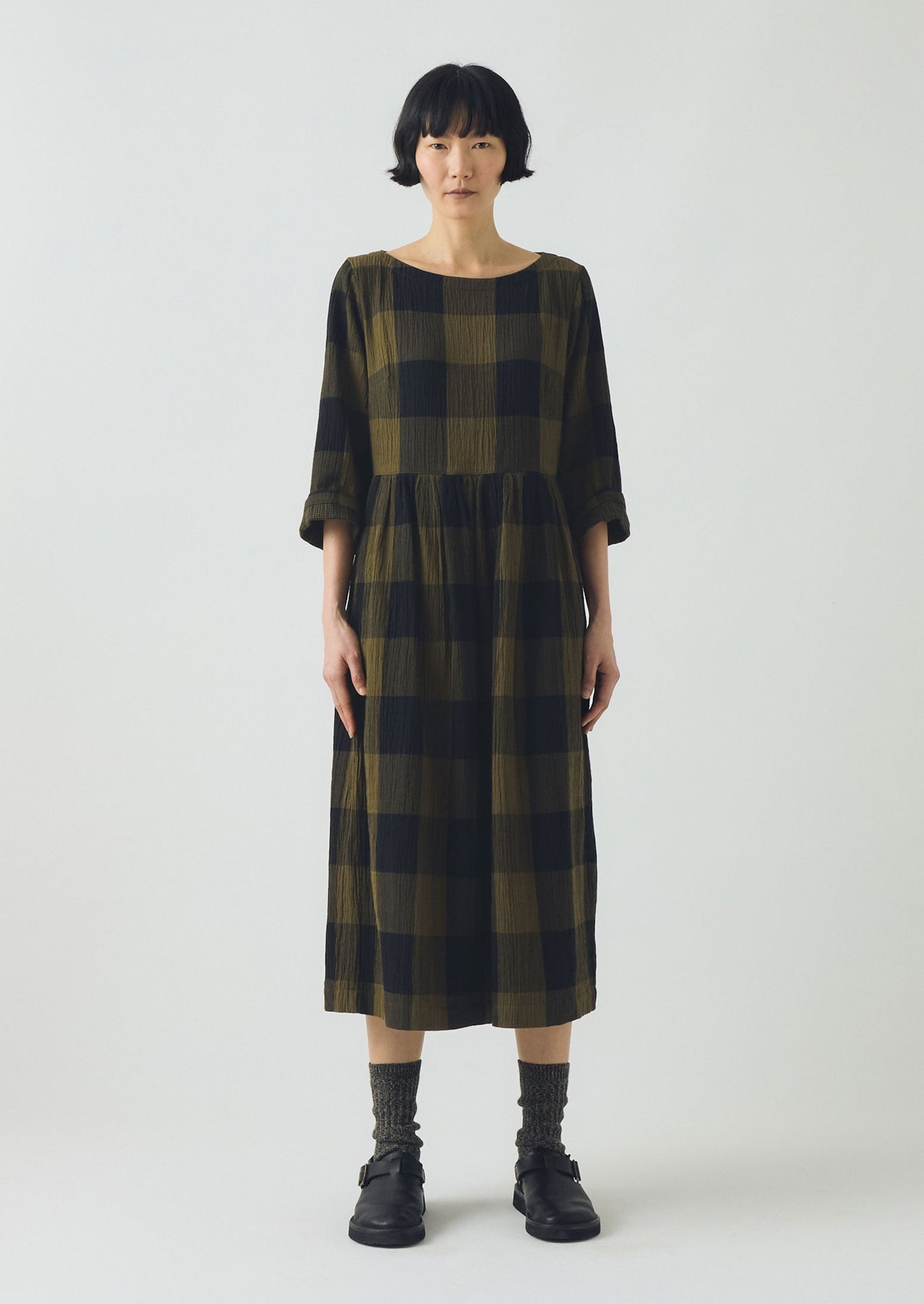 Freya Crinkle Cotton Macro Gingham Dress | Olive/Black