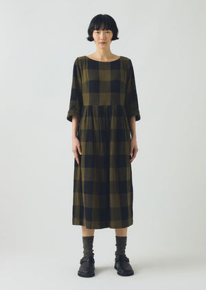 Freya Crinkle Cotton Macro Gingham Dress | Olive/Black