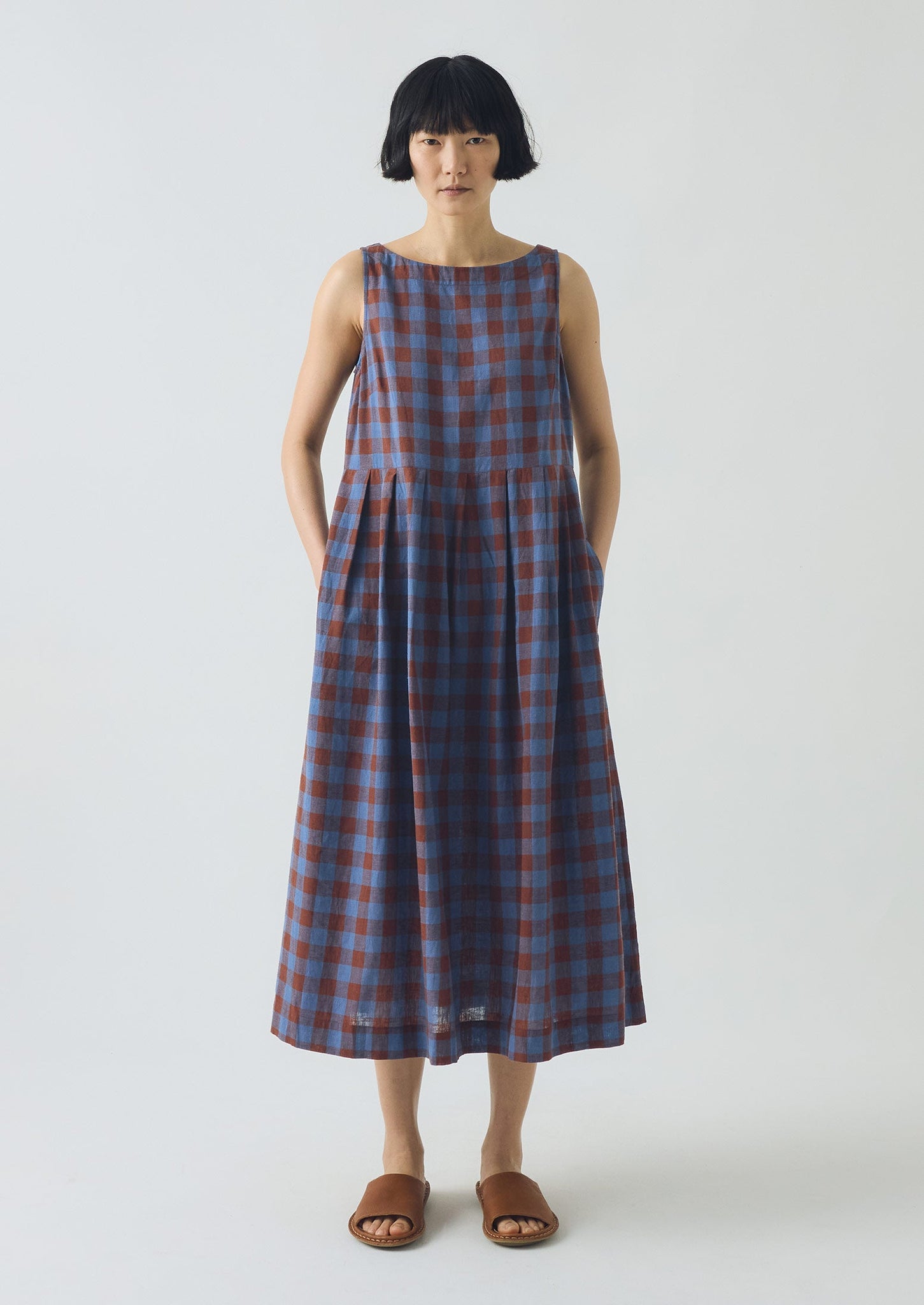 Aila Mineral Check Linen Cotton Dress | Brown Ochre/Dark Cornflower