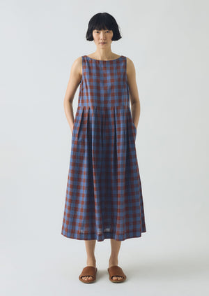 Aila Mineral Check Linen Cotton Dress | Brown Ochre/Dark Cornflower