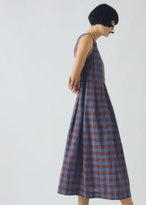 Aila Mineral Check Linen Cotton Dress | Brown Ochre/Dark Cornflower