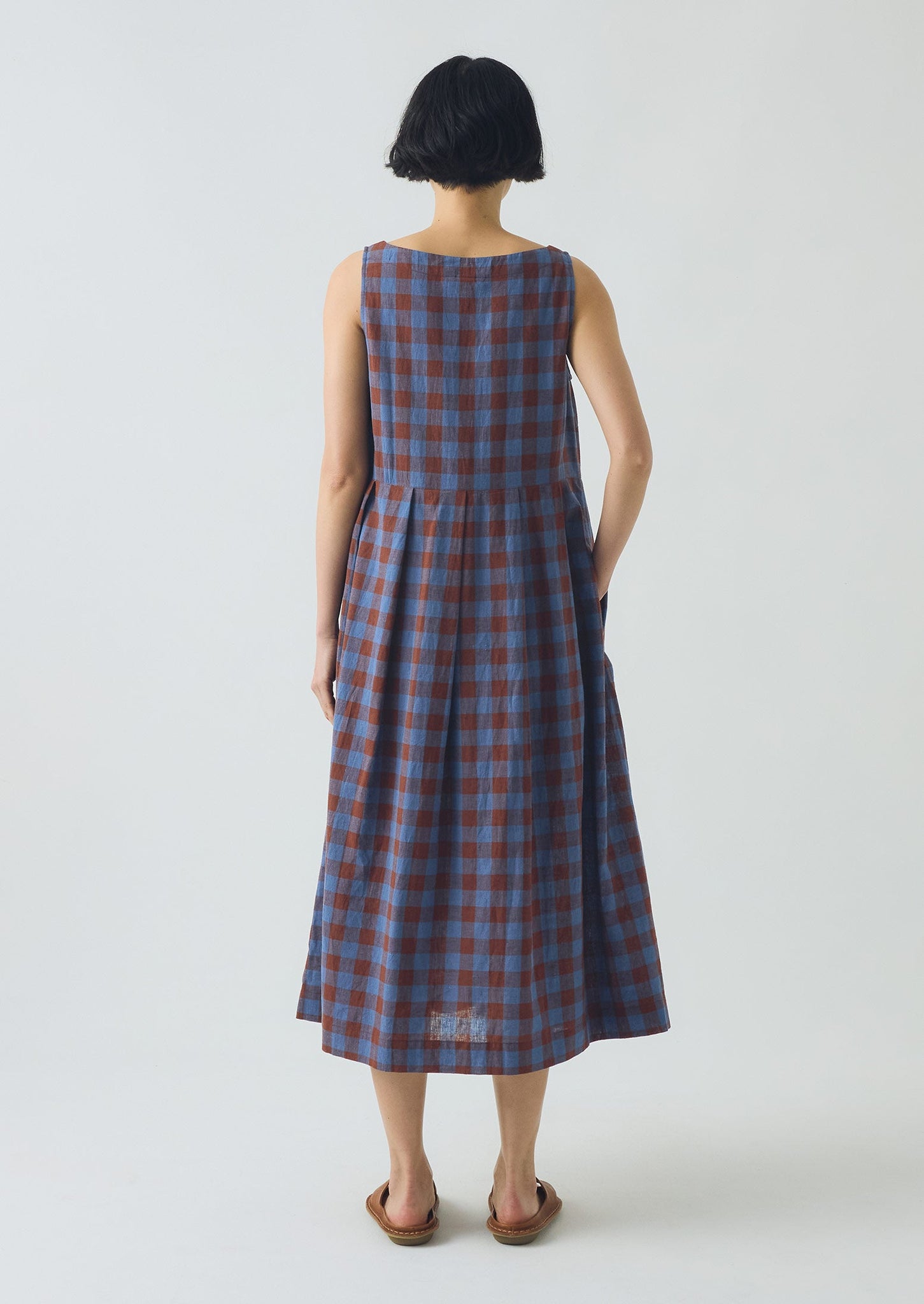 Aila Mineral Check Linen Cotton Dress | Brown Ochre/Dark Cornflower