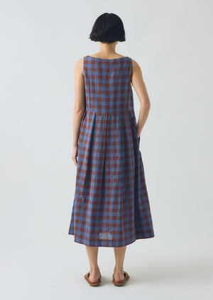 Aila Mineral Check Linen Cotton Dress | Brown Ochre/Dark Cornflower