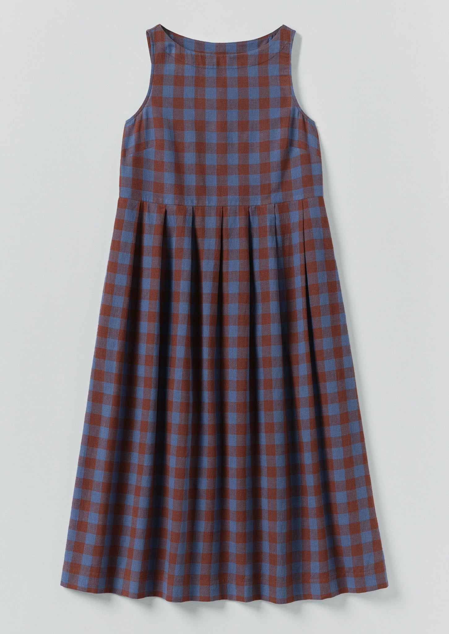 Aila Mineral Check Linen Cotton Dress | Brown Ochre/Dark Cornflower