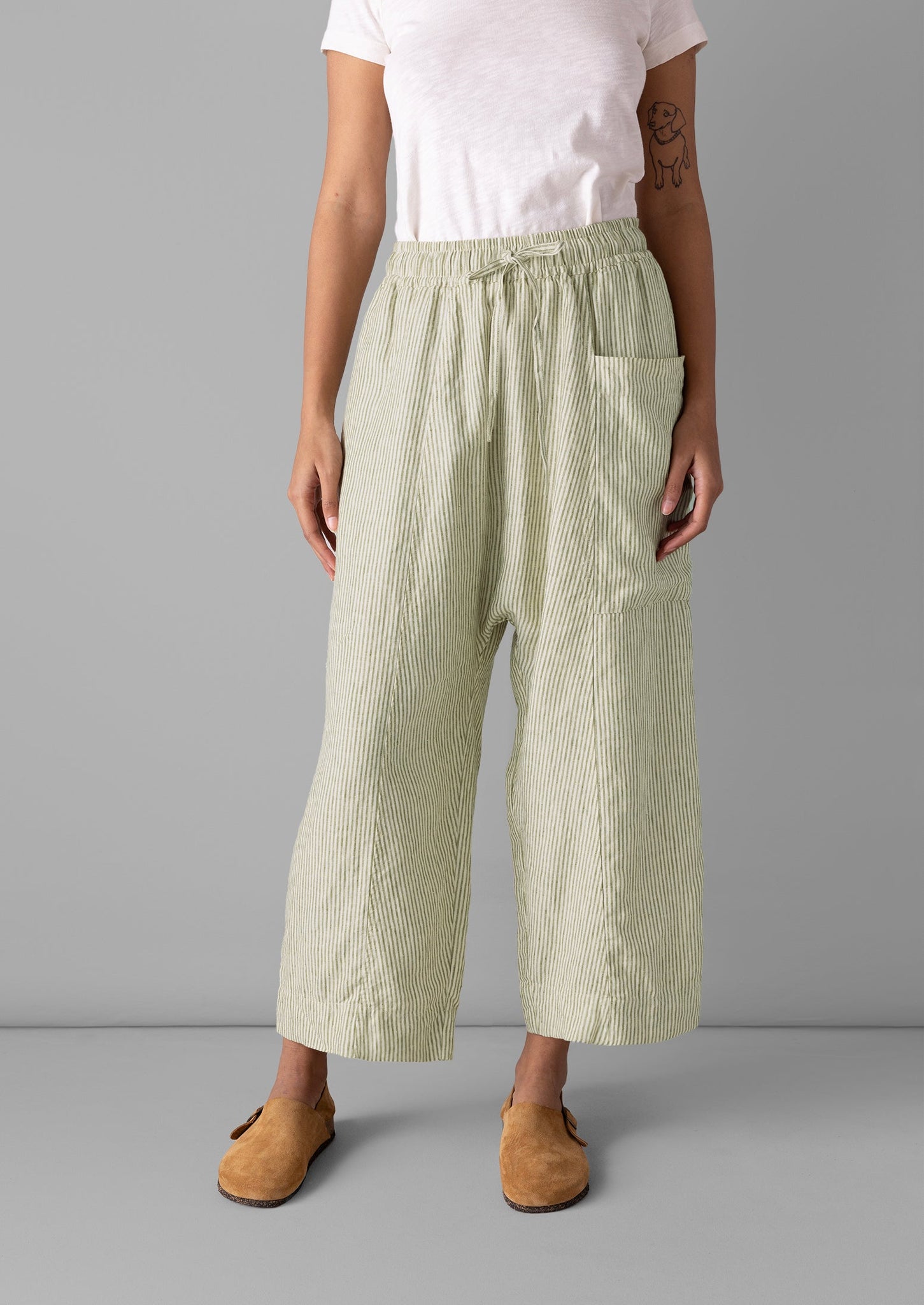 Linen Stripe Pull On Trousers | Olive