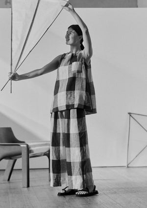 Macro Gingham Lightweight Linen Trousers | Ecru/Charcoal