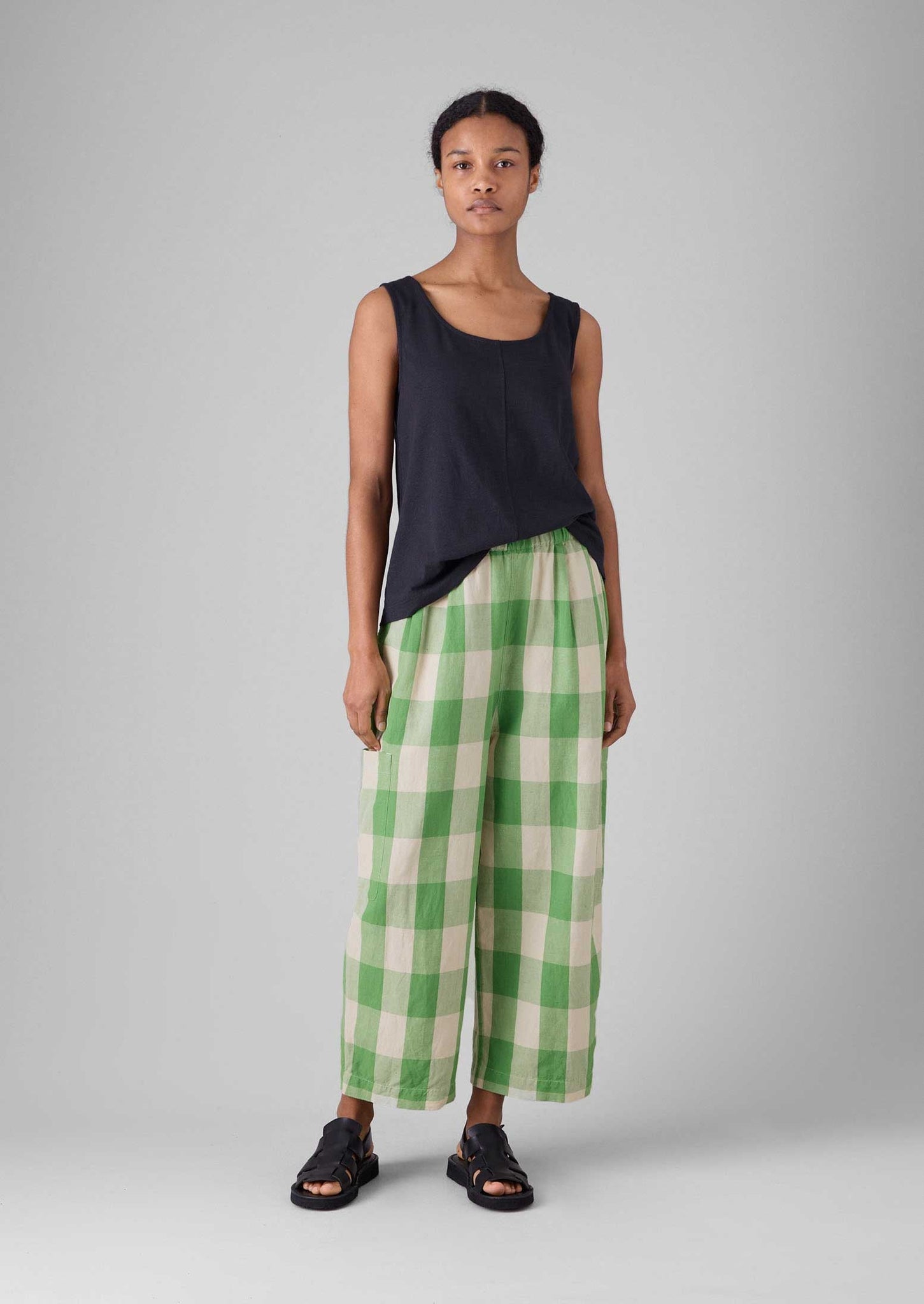 Gingham Linen Cotton Trousers | Lawn Green/Pulp