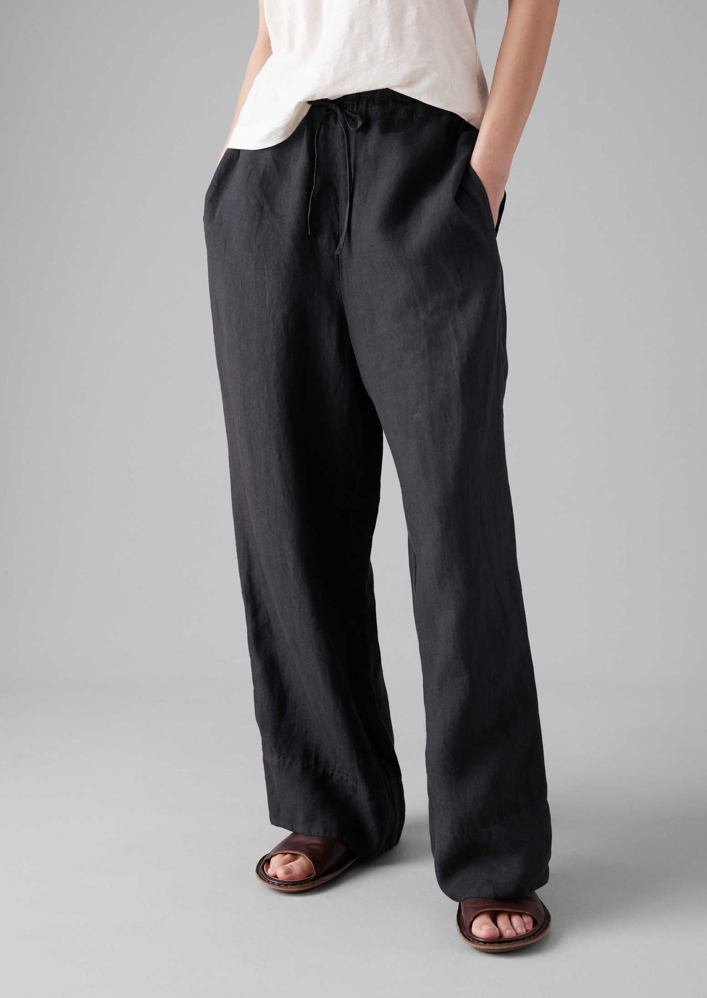 Garment Dyed Linen Wide Leg Trousers | Black Pepper