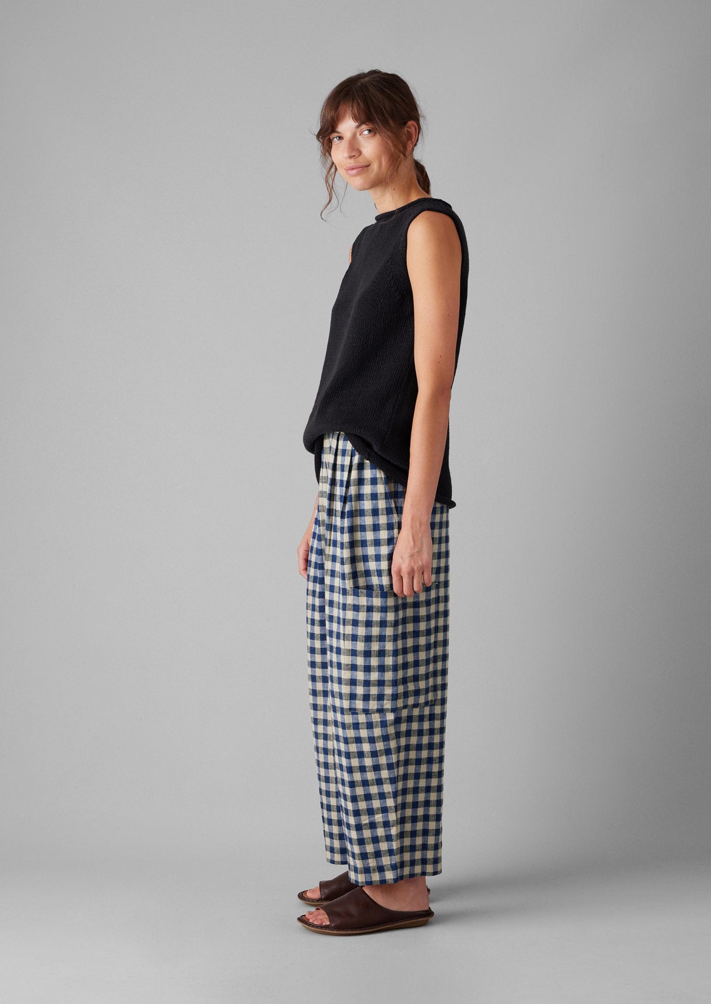 Gingham Linen Cotton Patch Pocket Trousers | Denim Blue