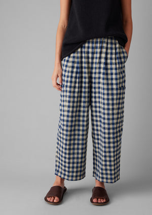 Gingham Linen Cotton Patch Pocket Trousers | Denim Blue