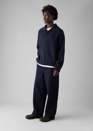 Half Placket Wool Pullover | Navy Melange