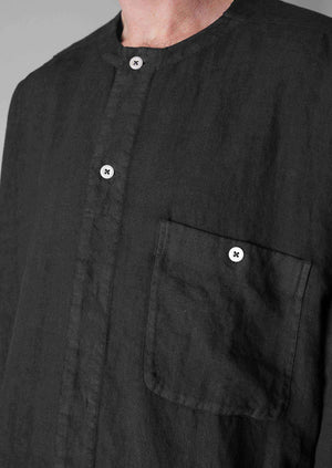 Garment Dyed Linen Collarless Shirt | Black Pepper