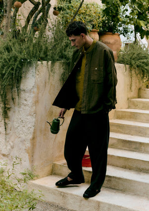 Garment Dyed Linen Collarless Shirt | Pear