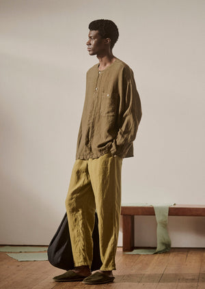 Garment Dyed Linen Collarless Shirt | Pear