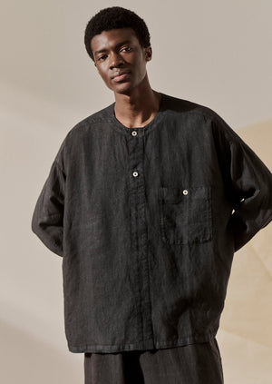 Garment Dyed Linen Collarless Shirt | Black Pepper