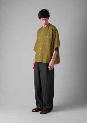 Garment Dyed Linen Grandad Collar Shirt | Durian Green